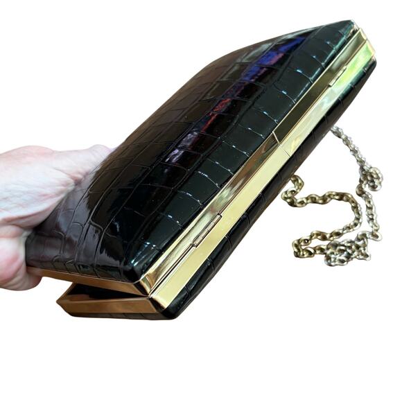 Vintage 1990’s black patent box style evening bag purse moc croc texture clutch - Picture 7 of 8
